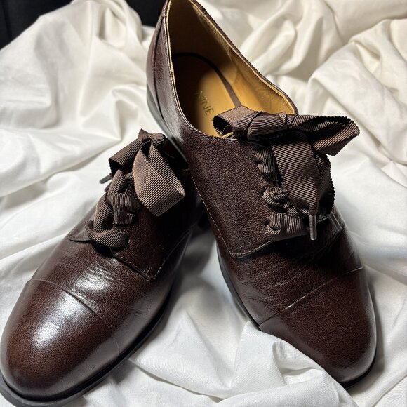 New Nine West Hwthalya Brown Leather Oxford Flats w/ Ribbon Laces – Size 6.5 - Picture 1 of 6